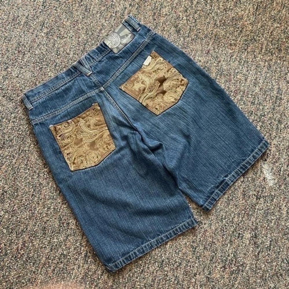 5ive Jungle & Co Mens 36 Blue Denim Shorts Gold Paisley Embroidered Baggy Y2K